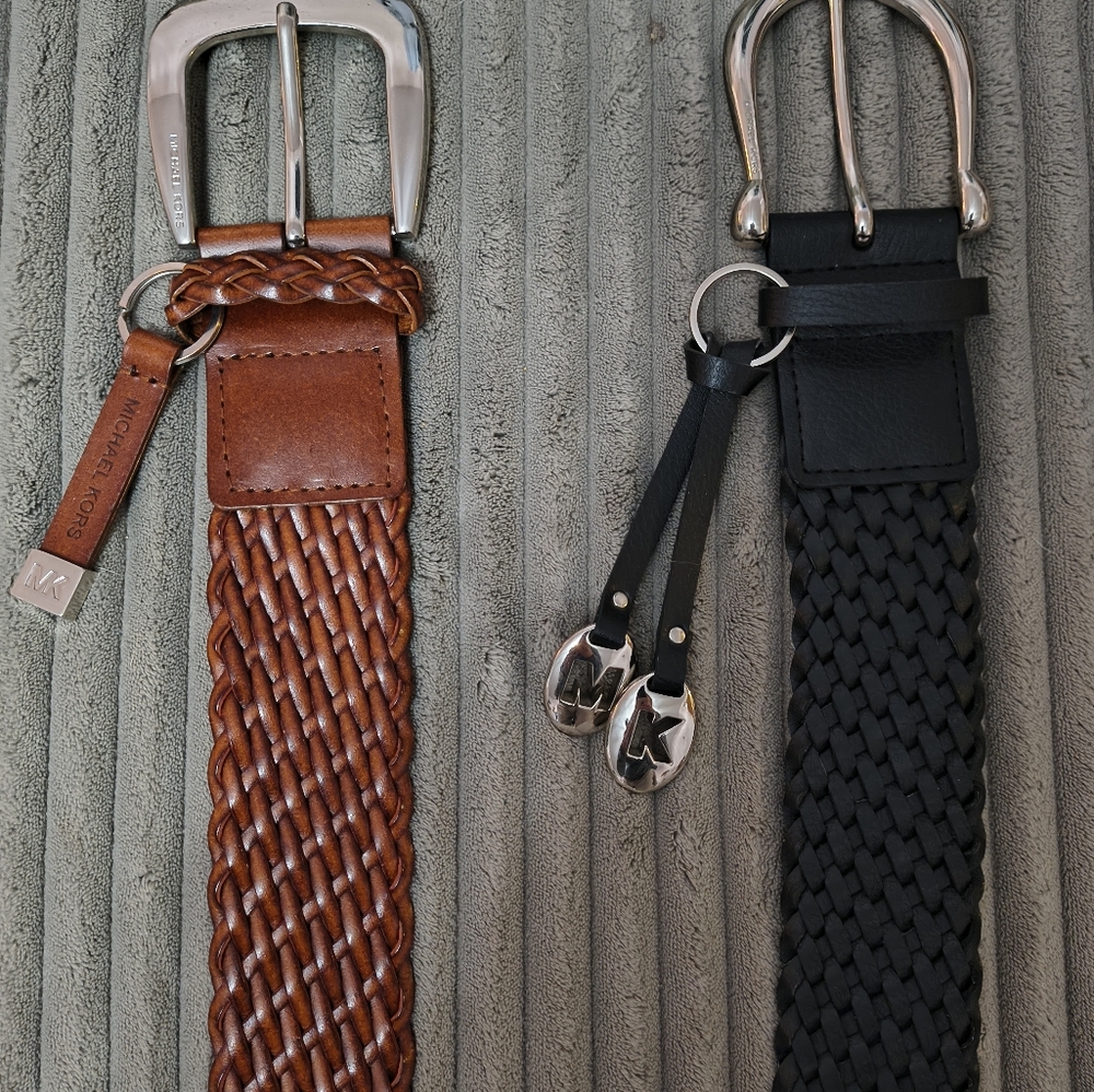 Michael Kors Black and Brown Braided Leather Belt Set